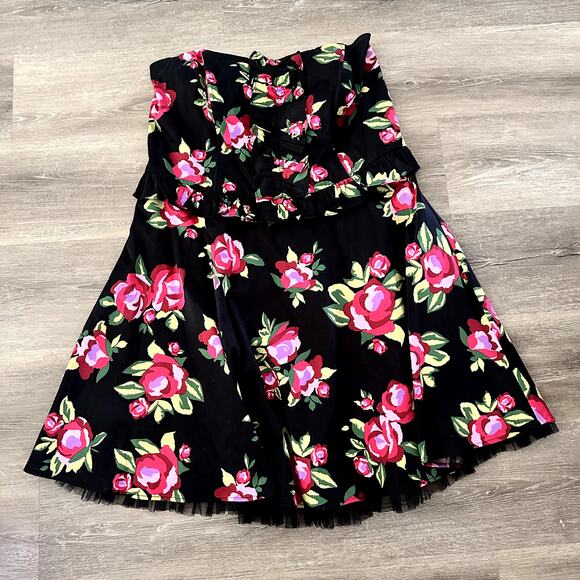 Torrid Floral Pink Black Dress Ruffles Knee Length Tulle Plus Size 16 Strapless - Picture 1 of 7